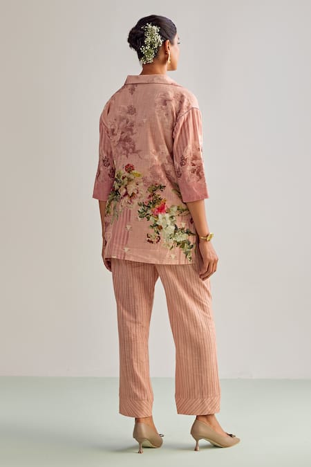 Shop_Kalista_Pink Viscose Embroidery Collared Emilia Printed Shirt Tunic And Pant Set _at_Aza_Fashions