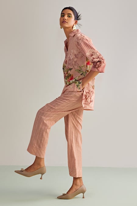 Kalista_Pink Viscose Embroidery Collared Emilia Printed Shirt Tunic And Pant Set _Online_at_Aza_Fashions