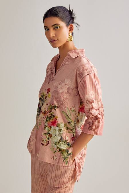 Buy_Kalista_Pink Viscose Embroidery Collared Emilia Printed Shirt Tunic And Pant Set _Online_at_Aza_Fashions
