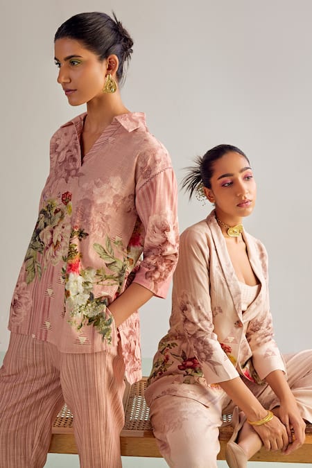 Shop_Kalista_Pink Viscose Embroidery Collared Emilia Printed Shirt Tunic And Pant Set _Online_at_Aza_Fashions