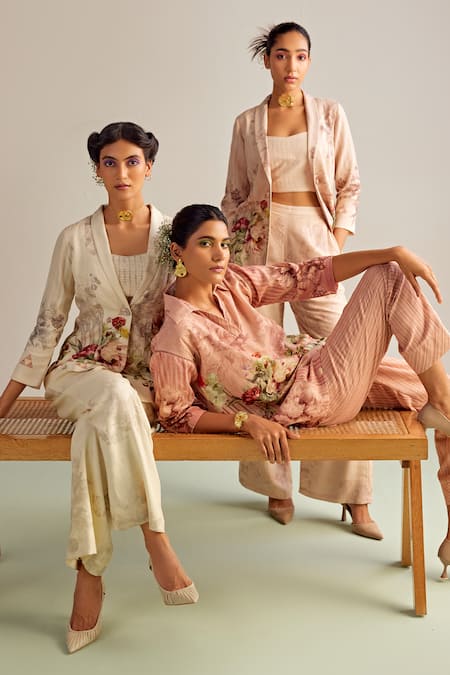 Kalista_Pink Viscose Embroidery Collared Emilia Printed Shirt Tunic And Pant Set _at_Aza_Fashions