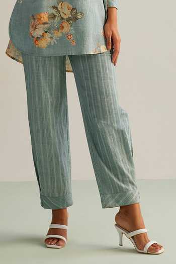 Kalista_Blue Viscose Embroidery Collared Aqua Floral Hand Painted Pant Set _Online_at_Aza_Fashions