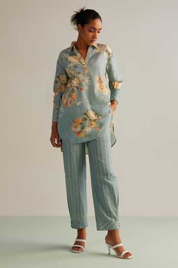 Buy_Kalista_Blue Viscose Embroidery Collared Aqua Floral Hand Painted Pant Set _Online_at_Aza_Fashions