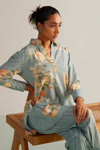 Kalista_Blue Viscose Embroidery Collared Aqua Floral Hand Painted Pant Set _at_Aza_Fashions