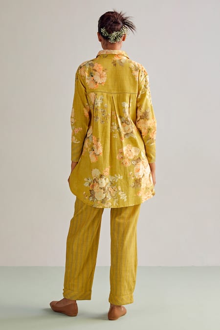 Shop Kalista Yellow Viscose Embroidery Collared Luna Flower Print Shirt Tunic And Pant Set at Aza Fashions Shop_Kalista_Yellow Viscose Embroidery Collared Luna Flower Print Shirt Tunic And Pant Set _at_Aza_Fashions
