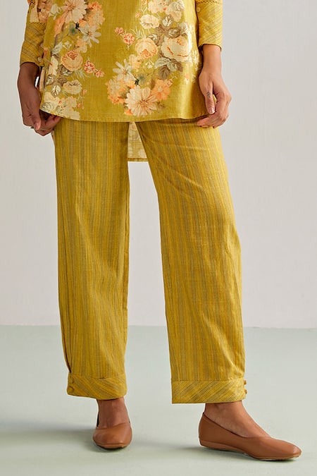 Kalista Yellow Viscose Embroidery Collared Luna Flower Print Shirt Tunic And Pant Set Online at Aza Fashions Kalista_Yellow Viscose Embroidery Collared Luna Flower Print Shirt Tunic And Pant Set _Online_at_Aza_Fashions