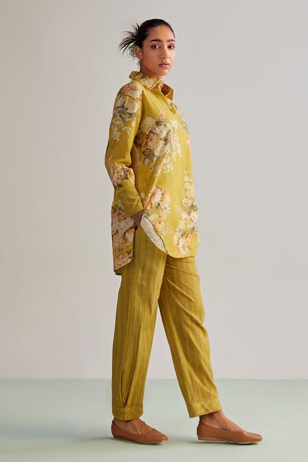 Buy Kalista Yellow Viscose Embroidery Collared Luna Flower Print Shirt Tunic And Pant Set Online at Aza Fashions Buy_Kalista_Yellow Viscose Embroidery Collared Luna Flower Print Shirt Tunic And Pant Set _Online_at_Aza_Fashions