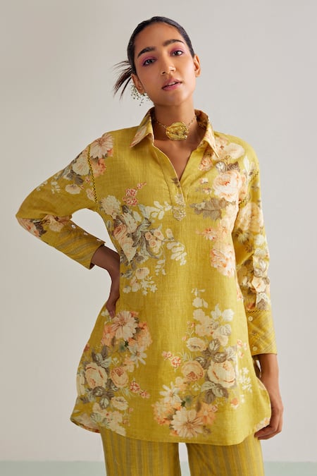 Shop Kalista Yellow Viscose Embroidery Collared Luna Flower Print Shirt Tunic And Pant Set Online at Aza Fashions Shop_Kalista_Yellow Viscose Embroidery Collared Luna Flower Print Shirt Tunic And Pant Set _Online_at_Aza_Fashions