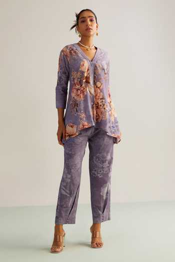 Kalista_Purple Viscose Embroidery Collared Lavender Floral Hand Painted Pant Set _Online_at_Aza_Fashions