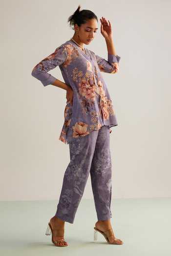 Buy_Kalista_Purple Viscose Embroidery Collared Lavender Floral Hand Painted Pant Set _Online_at_Aza_Fashions