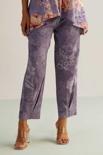 Shop_Kalista_Purple Viscose Embroidery Collared Lavender Floral Hand Painted Pant Set _Online_at_Aza_Fashions