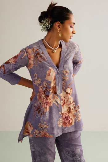 Kalista_Purple Viscose Embroidery Collared Lavender Floral Hand Painted Pant Set _at_Aza_Fashions