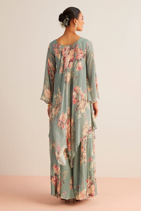 Shop Kalista Blue Viscose, Chiffon Embroidery, Anaika Flower Print Kurta And Sharara Set at Aza Fashions Shop_Kalista_Blue Viscose, Chiffon Embroidery, Anaika Flower Print Kurta And Sharara Set _at_Aza_Fashions