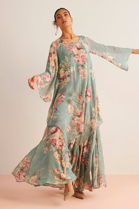 Kalista Blue Viscose, Chiffon Embroidery, Anaika Flower Print Kurta And Sharara Set Online at Aza Fashions Kalista_Blue Viscose, Chiffon Embroidery, Anaika Flower Print Kurta And Sharara Set _Online_at_Aza_Fashions
