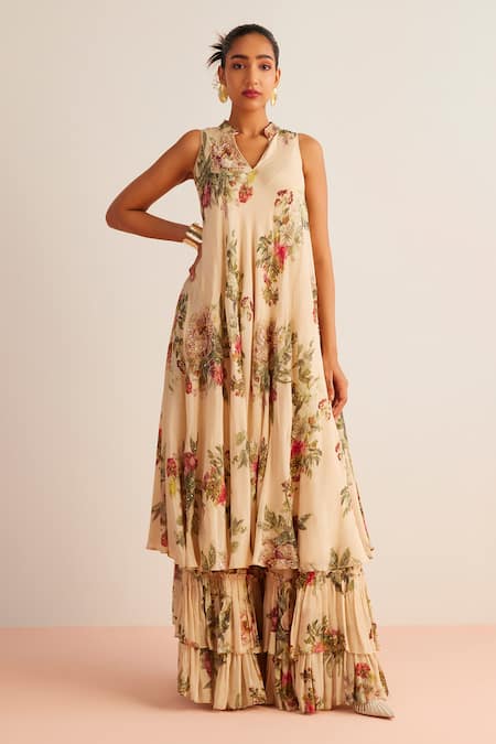 Kalista Ivory Viscose Chinon Printed Floral V Neck Amayah Kurta And Sharara Set 