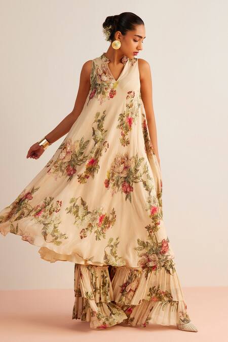 Kalista_Ivory Viscose, Chiffon Sequins, Beads, Amayah Printed Kurta And Sharara Set _Online_at_Aza_Fashions