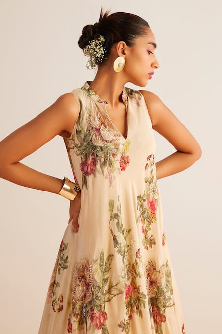 Buy_Kalista_Ivory Viscose, Chiffon Sequins, Beads, Amayah Printed Kurta And Sharara Set _Online_at_Aza_Fashions