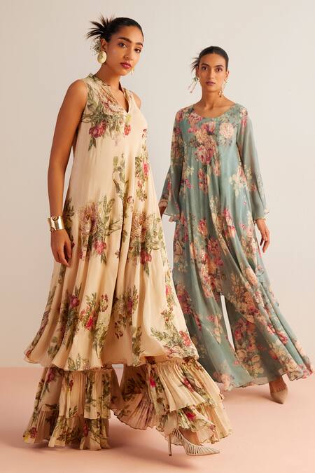 Shop_Kalista_Ivory Viscose, Chiffon Sequins, Beads, Amayah Printed Kurta And Sharara Set _Online_at_Aza_Fashions