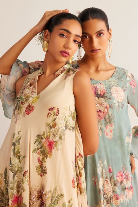 Kalista_Ivory Viscose, Chiffon Sequins, Beads, Amayah Printed Kurta And Sharara Set _at_Aza_Fashions