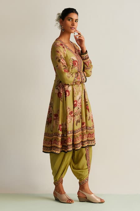 Kalista_Green Cotton, Silk Mirrors, Ruhi Botanical Print Anarkali And Dhoti Pant Set _Online_at_Aza_Fashions