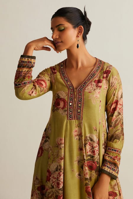 Buy_Kalista_Green Cotton, Silk Mirrors, Ruhi Botanical Print Anarkali And Dhoti Pant Set _Online_at_Aza_Fashions