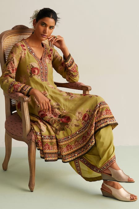 Shop_Kalista_Green Cotton, Silk Mirrors, Ruhi Botanical Print Anarkali And Dhoti Pant Set _Online_at_Aza_Fashions