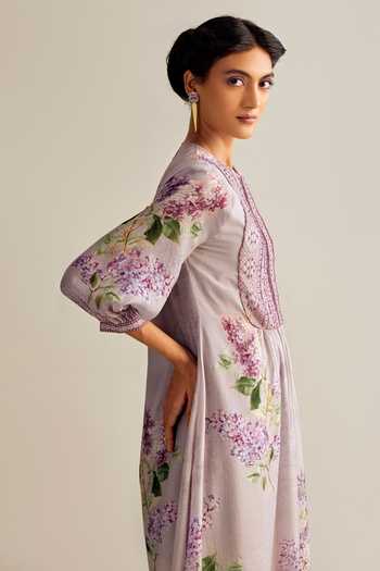 Kalista Purple Cotton, Silk Embroidery Round Neck Amie Floral Print Dress Online at Aza Fashions Kalista_Purple Cotton, Silk Embroidery Round Neck Amie Floral Print Dress _Online_at_Aza_Fashions