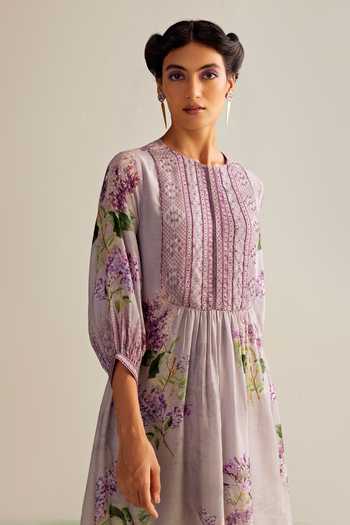 Shop Kalista Purple Cotton, Silk Embroidery Round Neck Amie Floral Print Dress Online at Aza Fashions Shop_Kalista_Purple Cotton, Silk Embroidery Round Neck Amie Floral Print Dress _Online_at_Aza_Fashions