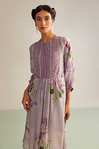 Kalista Purple Cotton, Silk Embroidery Round Neck Amie Floral Print Dress at Aza Fashions Kalista_Purple Cotton, Silk Embroidery Round Neck Amie Floral Print Dress _at_Aza_Fashions