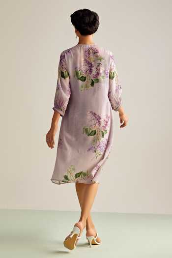 Buy Kalista Purple Cotton, Silk Embroidery Round Neck Amie Floral Print Dress Buy_Kalista_Purple Cotton, Silk Embroidery Round Neck Amie Floral Print Dress