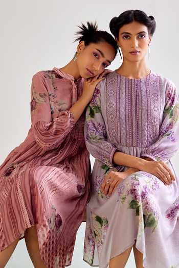 Shop Kalista Purple Cotton, Silk Embroidery Round Neck Amie Floral Print Dress Shop_Kalista_Purple Cotton, Silk Embroidery Round Neck Amie Floral Print Dress