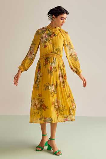 Kalista Yellow Viscose, Chiffon Sequins, Beads High Neck Ciara Floral Print Flared Dress Online at Aza Fashions Kalista_Yellow Viscose, Chiffon Sequins, Beads High Neck Ciara Floral Print Flared Dress _Online_at_Aza_Fashions