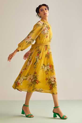 Buy Kalista Yellow Viscose, Chiffon Sequins, Beads High Neck Ciara Floral Print Flared Dress Online at Aza Fashions Buy_Kalista_Yellow Viscose, Chiffon Sequins, Beads High Neck Ciara Floral Print Flared Dress _Online_at_Aza_Fashions
