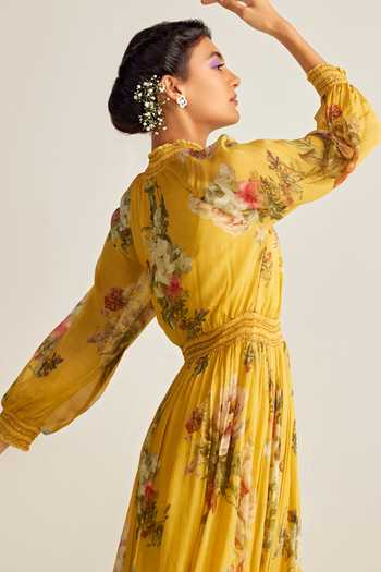 Shop Kalista Yellow Viscose, Chiffon Sequins, Beads High Neck Ciara Floral Print Flared Dress Online at Aza Fashions Shop_Kalista_Yellow Viscose, Chiffon Sequins, Beads High Neck Ciara Floral Print Flared Dress _Online_at_Aza_Fashions