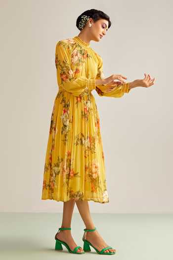 Kalista Yellow Viscose, Chiffon Sequins, Beads High Neck Ciara Floral Print Flared Dress at Aza Fashions Kalista_Yellow Viscose, Chiffon Sequins, Beads High Neck Ciara Floral Print Flared Dress _at_Aza_Fashions