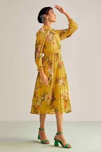 Buy Kalista Yellow Viscose, Chiffon Sequins, Beads High Neck Ciara Floral Print Flared Dress Buy_Kalista_Yellow Viscose, Chiffon Sequins, Beads High Neck Ciara Floral Print Flared Dress