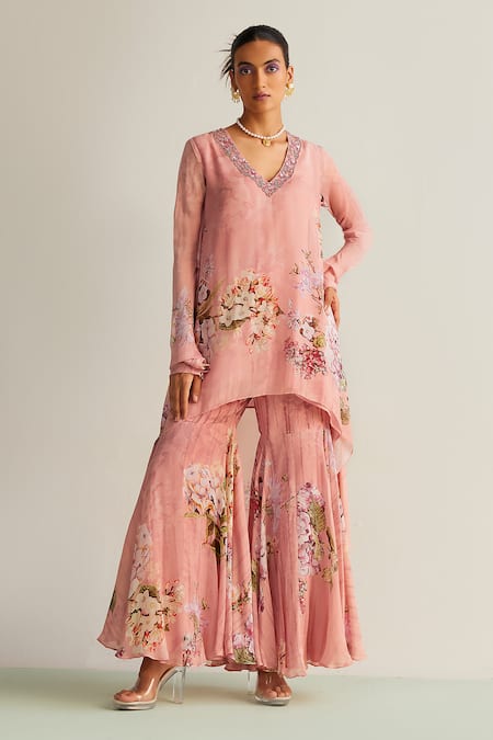 Kalista Pink Viscose Chinon Print Floral V Neck Faiza Bloom Tunic With Gharara 