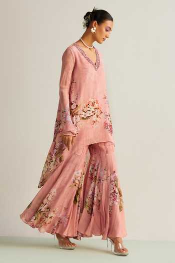 Kalista Pink Viscose Stones, Embroidery Faiza Floral Bloom Print Tunic With Gharara Online at Aza Fashions Kalista_Pink Viscose Stones, Embroidery Faiza Floral Bloom Print Tunic With Gharara _Online_at_Aza_Fashions
