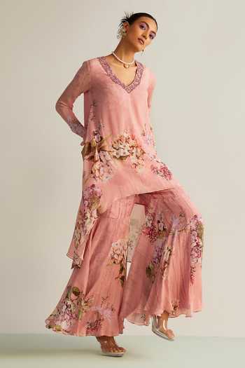 Buy Kalista Pink Viscose Stones, Embroidery Faiza Floral Bloom Print Tunic With Gharara Online at Aza Fashions Buy_Kalista_Pink Viscose Stones, Embroidery Faiza Floral Bloom Print Tunic With Gharara _Online_at_Aza_Fashions