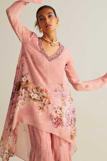 Shop Kalista Pink Viscose Stones, Embroidery Faiza Floral Bloom Print Tunic With Gharara Online at Aza Fashions Shop_Kalista_Pink Viscose Stones, Embroidery Faiza Floral Bloom Print Tunic With Gharara _Online_at_Aza_Fashions