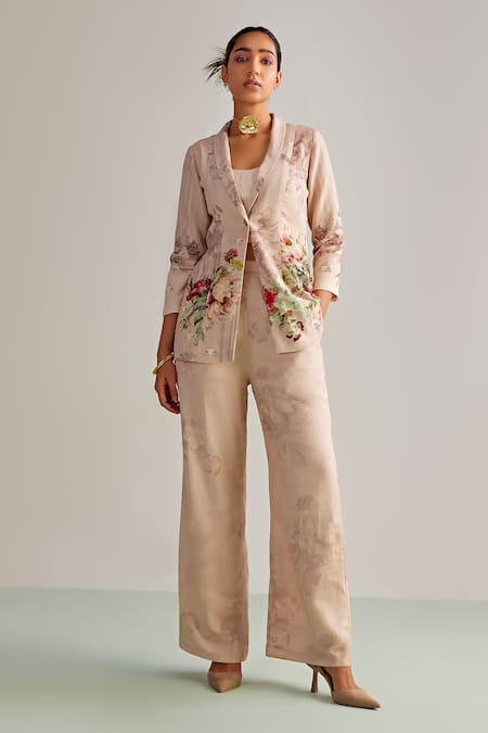 Kalista Peach Viscose Rayon Print Floral Lapel Collar Shayna Flower Blazer And Pant Set 