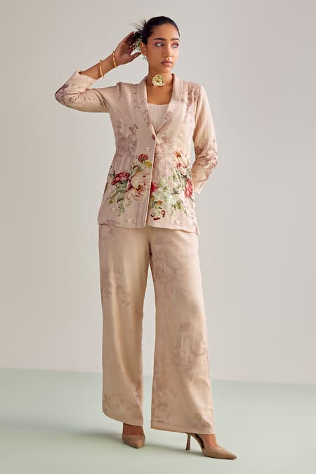 Kalista_Peach Viscose, Rayon Embroidery Round Neck Shayna Flower Print Blazer And Pant Set _Online_at_Aza_Fashions