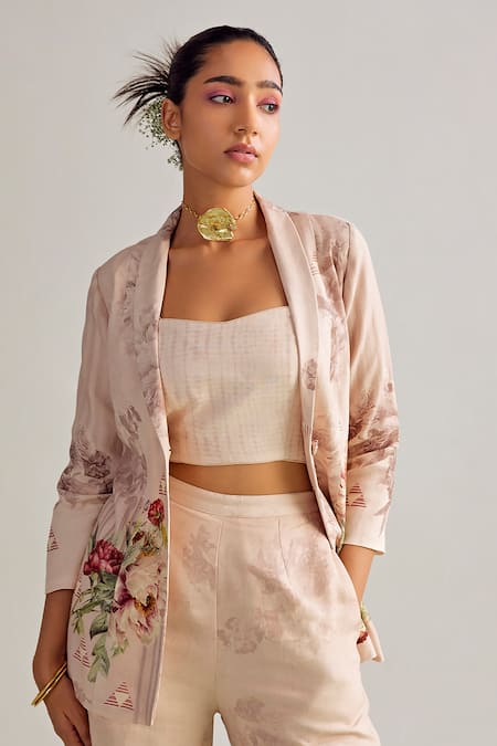 Buy_Kalista_Peach Viscose, Rayon Embroidery Round Neck Shayna Flower Print Blazer And Pant Set _Online_at_Aza_Fashions
