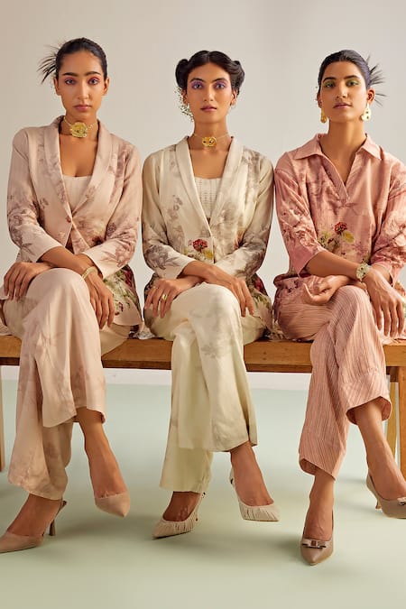 Shop_Kalista_Peach Viscose, Rayon Embroidery Round Neck Shayna Flower Print Blazer And Pant Set _Online_at_Aza_Fashions
