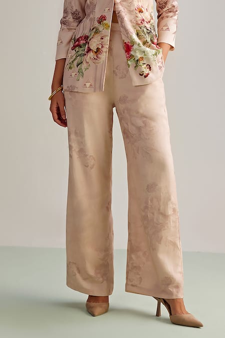 Kalista_Peach Viscose, Rayon Embroidery Round Neck Shayna Flower Print Blazer And Pant Set _at_Aza_Fashions