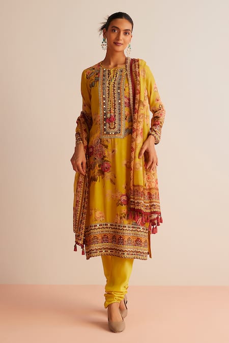 Kalista Floral Print Yellow Kurta Set 