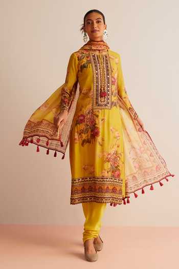 Kalista Yellow Cotton, Silk Tassels, Mirrors Round Neck Floral Print Kurta Set Online at Aza Fashions Kalista_Yellow Cotton, Silk Tassels, Mirrors Round Neck Floral Print Kurta Set _Online_at_Aza_Fashions
