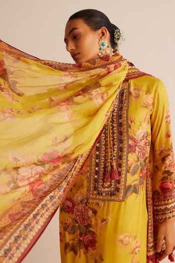 Buy Kalista Yellow Cotton, Silk Tassels, Mirrors Round Neck Floral Print Kurta Set Online at Aza Fashions Buy_Kalista_Yellow Cotton, Silk Tassels, Mirrors Round Neck Floral Print Kurta Set _Online_at_Aza_Fashions