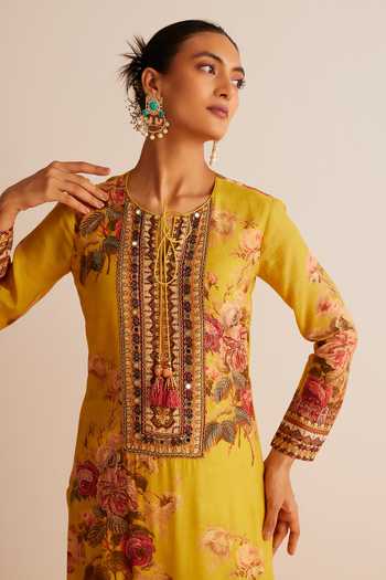 Shop Kalista Yellow Cotton, Silk Tassels, Mirrors Round Neck Floral Print Kurta Set Online at Aza Fashions Shop_Kalista_Yellow Cotton, Silk Tassels, Mirrors Round Neck Floral Print Kurta Set _Online_at_Aza_Fashions