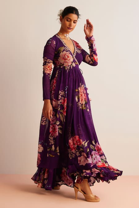 Kalista_Purple Viscose, Georgette Kamya Flower Print Angrakha Anarkali With Pant _Online_at_Aza_Fashions